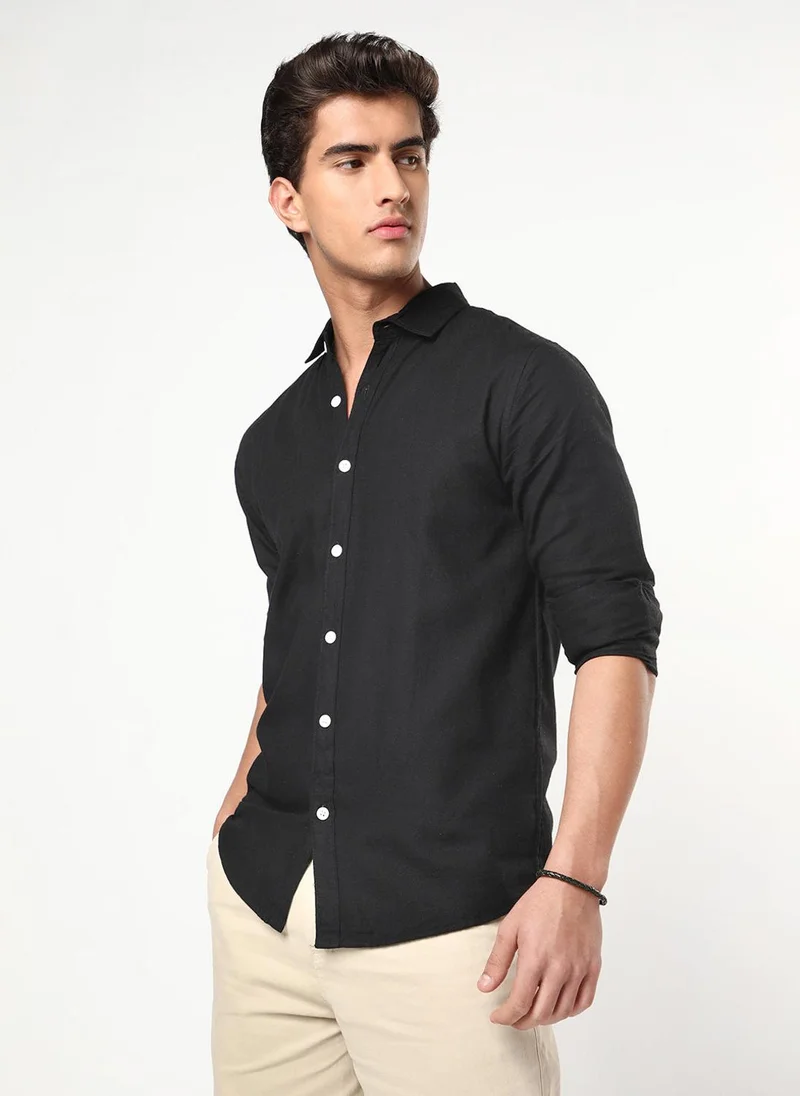 Urbano Fashion  Urbano Fashion Men's Black Linen Blend Full Sleeve Relaxed Fit Casual Solid Shirt for Men | Best Price UAE